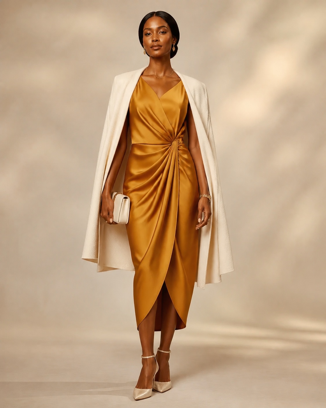 Woman in an ochre silk wedding-guest dress with a cream tailored cape
